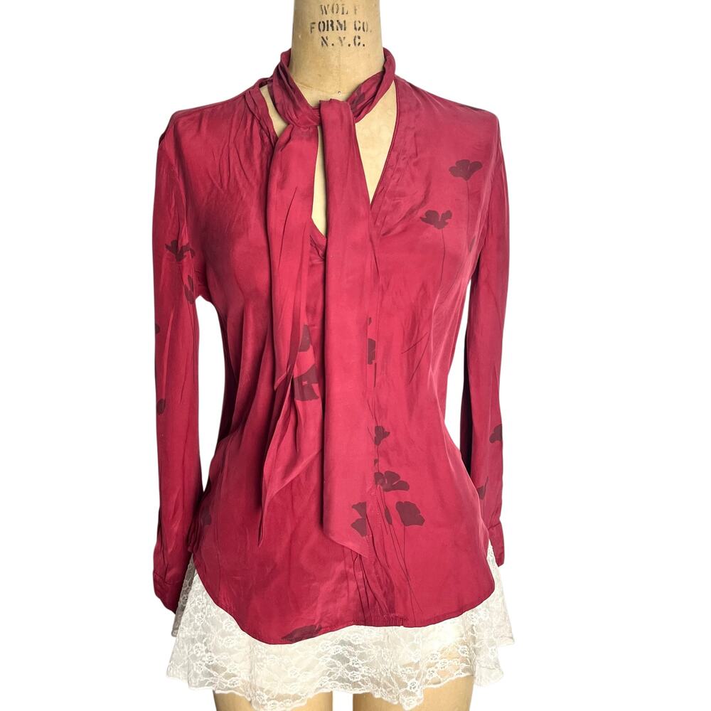Minimalist‎ Womens XS Red Silk Tie Blouse Equipment Floral